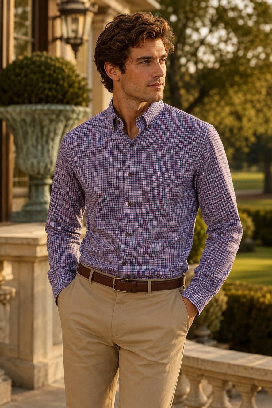 TWILLORY Blue/Red/White Plaid Cotton Blend Preppy Men’s Button Down Dress Shirt